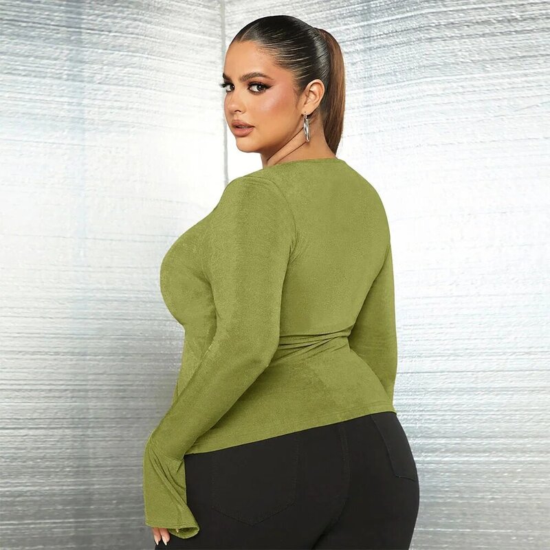 Fashion Plus Size Women Bandage Top V-neck Knit Long-sleeved Temperament Sexy Blouse Casual Solid Color Large Size Ladies Shirts