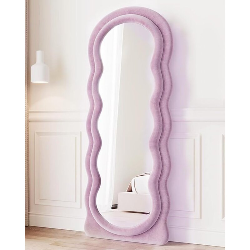 Cermin lantai dengan dudukan, cermin panjang penuh dipasang di dinding, lantai panjang penuh tidak teratur bergelombang flanel bingkai kayu Cermin ungu
