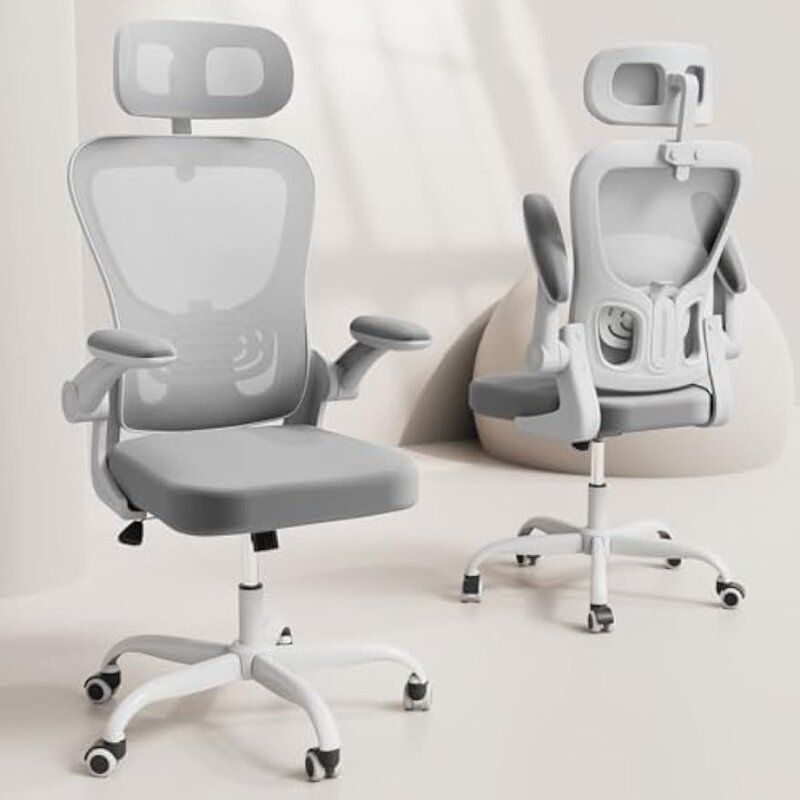 Kursi kantor ergonomis, kursi meja rumah punggung tinggi dengan penyangga pinggang dan sandaran kepala yang dapat disesuaikan, jaring antilembap