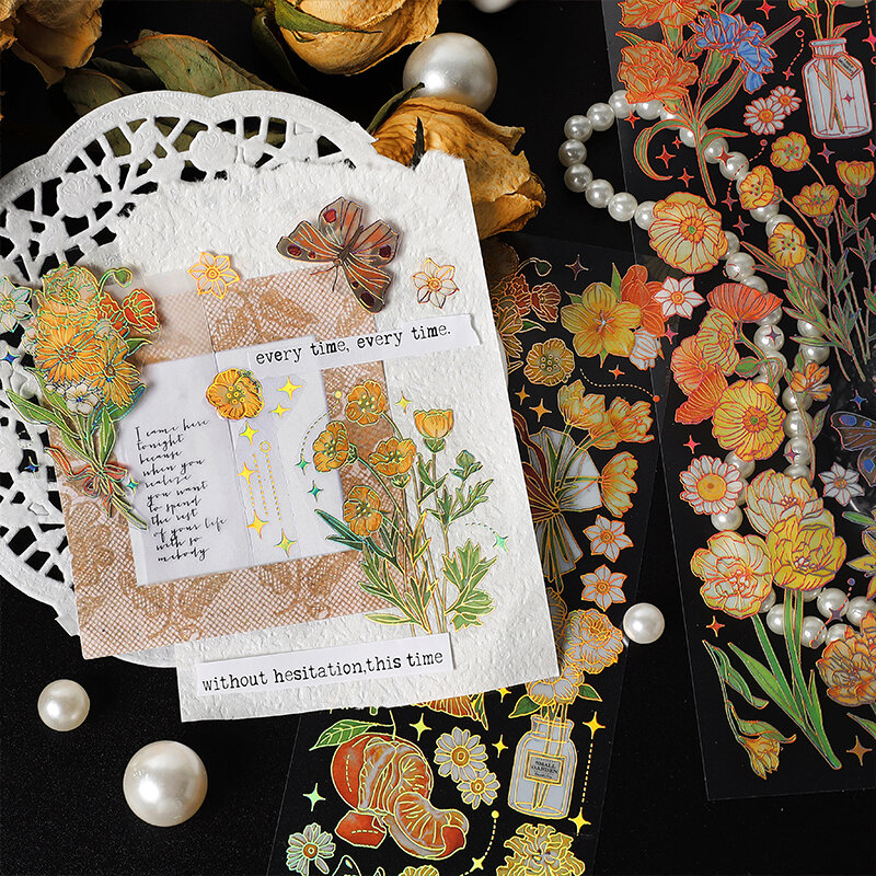 3 pcs Bronzing Flowers Stickers aesthetic Diy Stickers Aesthetic Scrapbooking Journal Deco Album Deco DIY Diary Stationery