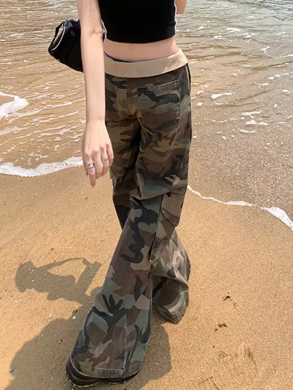 Jeans Women Retro Vintage Camouflage Trendy Leisure Streetwear Trousers High Street All-match Students Holiday Stylish Vitality