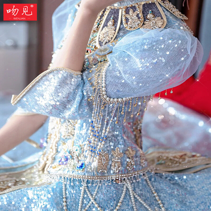 Summe – robe de mariée traditionnelle chinoise, bleu, paillettes, perle, Cheongsam classique, Qipao chinois, costume oriental