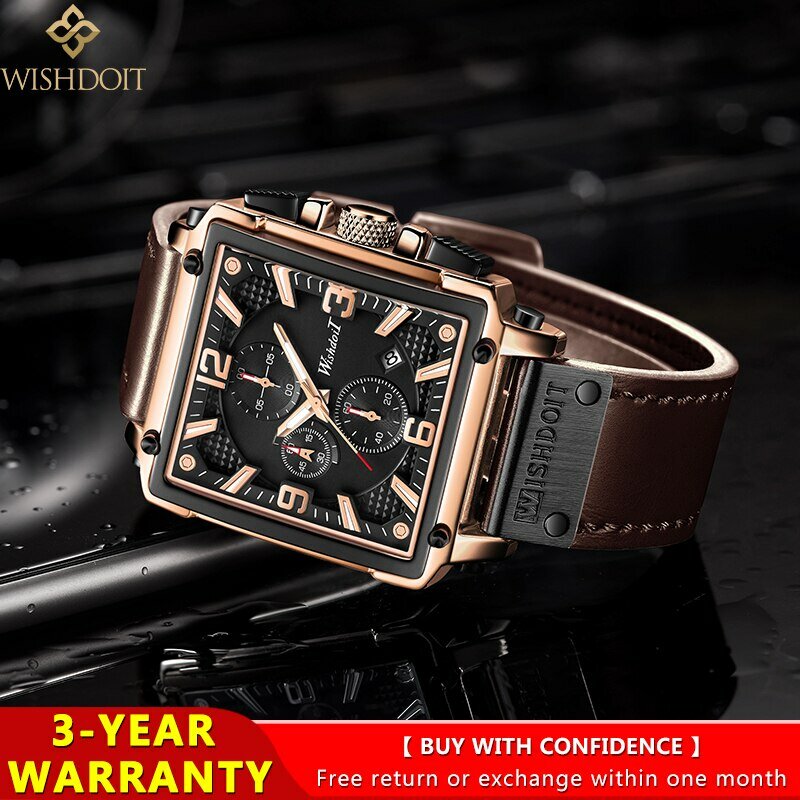 WISHDOIT-Reloj de pulsera cuadrado para hombre, cronógrafo deportivo de cuarzo, correa de cuero de acero inoxidable, resistente al agua, Original, a la moda