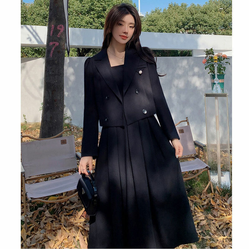 Outono coréia elegante feminino preto escritório hepburn terno vestido casual lapela blazer casaco clássico de cintura alta a linha vestido plissado