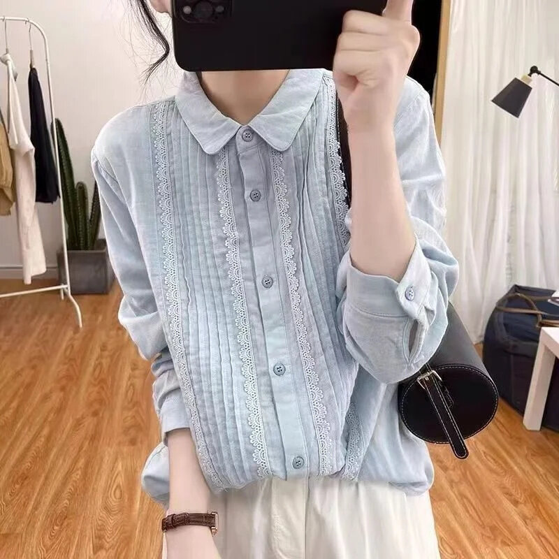 Camisa con costuras de encaje para mujer, blusa elegante coreana, holgada e informal que combina con todo, fina, Otoño, 2024