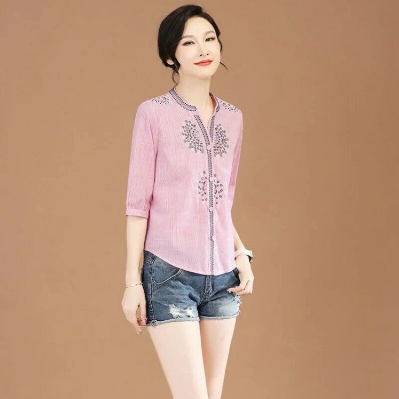 Summer New Cotton linen Shirt Women's Korean Elegant Embroidered All-Match Casual Three Quarter Sleeved Thin Blouse Female Top
