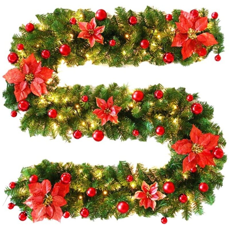 クリスマスの装飾用の籐の花輪,2.7m,豪華なクリスマスの装飾,LEDライト,パーティーとクリスマス用