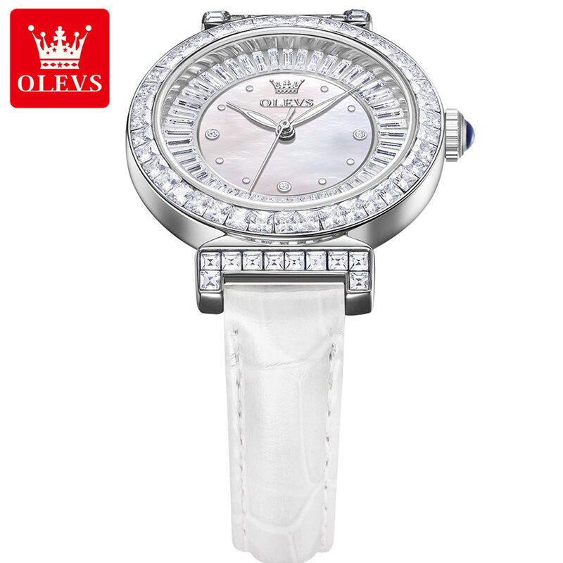 OLEVS jam tangan Quartz kristal wanita, arloji tali kulit tahan air bercahaya berlian untuk wanita
