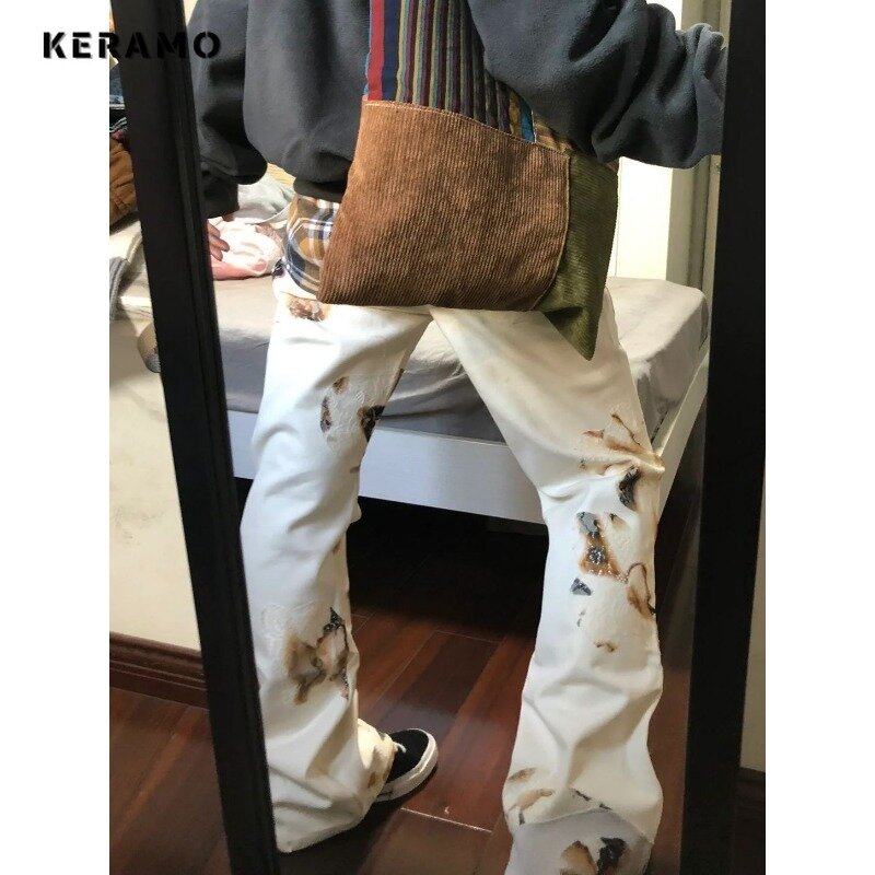Jeans Harajuku rasgado casual feminino, cintura alta, calça estampada solta, perna larga, calça jeans folgada punk, vintage, verão, Y2K, 2024
