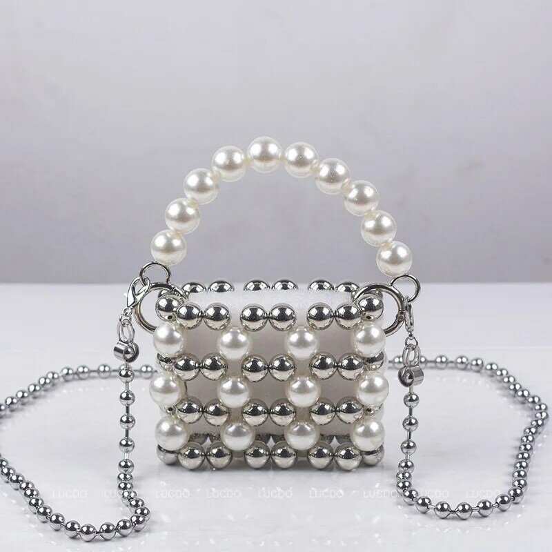 Bolso de noche con perlas plateadas para mujer, bolsa de mano hechas a mano con perlas, tipo cubo, Bolso de mensajero elegante, M