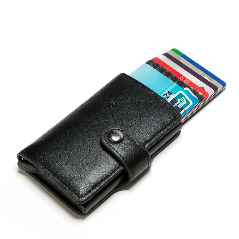RFID 차단 빈티지 남자 신용 카드 홀더 알루미늄 합금 ID 카드 케이스, 자동 남성 금속 가죽 카드 홀더 지갑