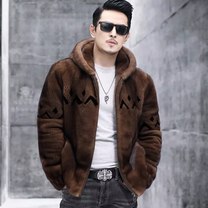 Jaqueta de pele de vison marrom real masculina, casaco curto com capuz, roupa masculina, FCY, inverno, novo, inteiro