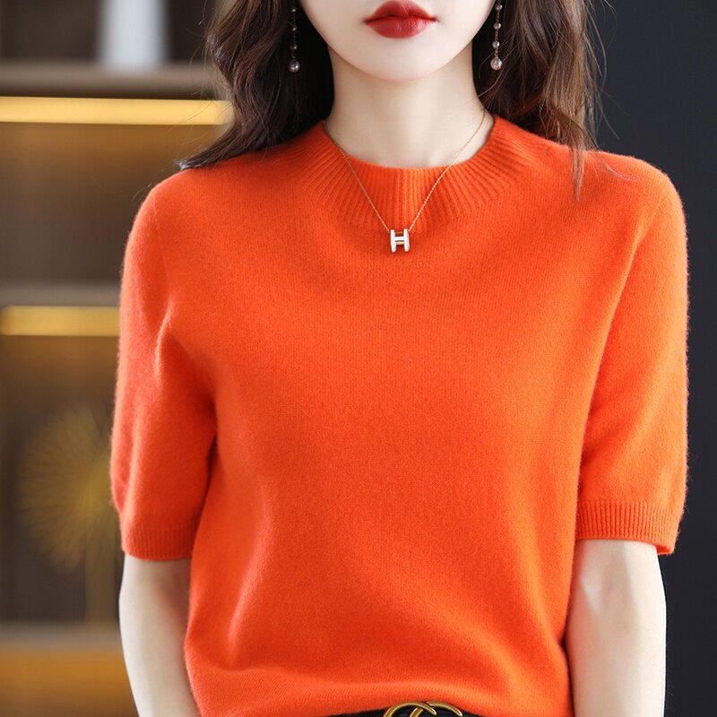 Damski krótki rękaw bez szwu kaszmirowy sweter z dzianiny 100% czystej wełny 2022 wiosna pół rękawa mody koreański odzieży sweter
