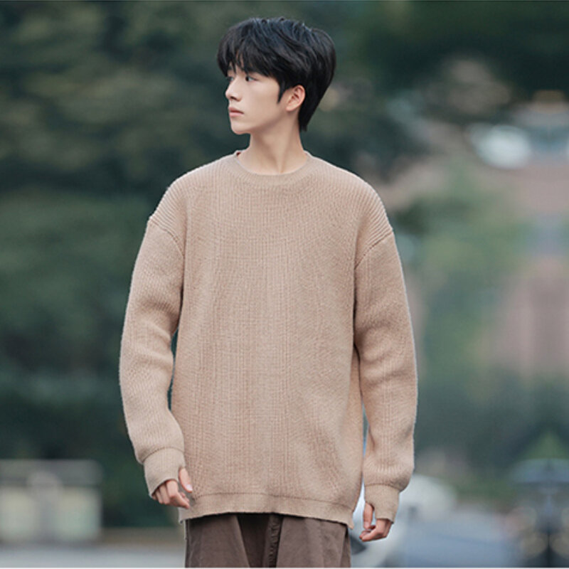 Свитер мужской свободного покроя, однотонный вязаный свитер в Корейском стиле, с круглым вырезом и длинным рукавом, базовая повседневная одежда для пар, Осень-зима