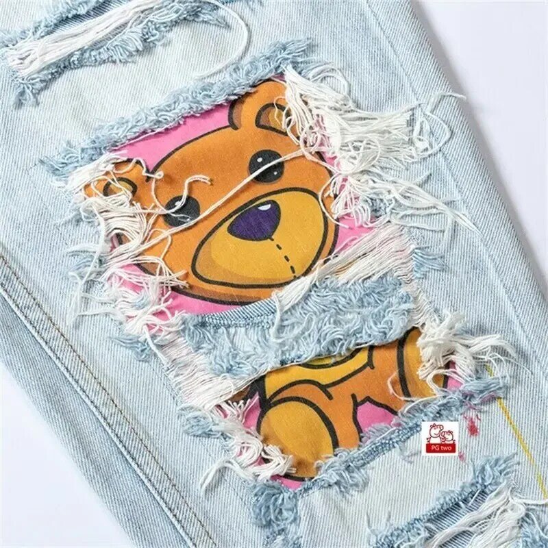 High street printed fashion jeans tattered splash ink men's teddy bear American casual loose hip hop small foot trousers trend