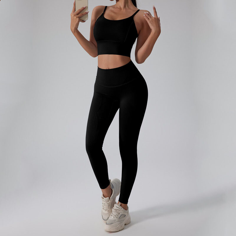 Dames Nieuwe Mode Strakke Hoge Taille High-End Hardloopsport Fitness Yoga Set Met Borstkussentjes