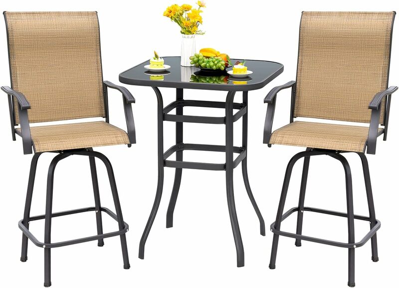Patio Swivel Bar Set 3 Pieces Patio High Top Bar Table and Stools Chairs Set Textilene Sling Fabric Outdoor Bar Stools Set of 2