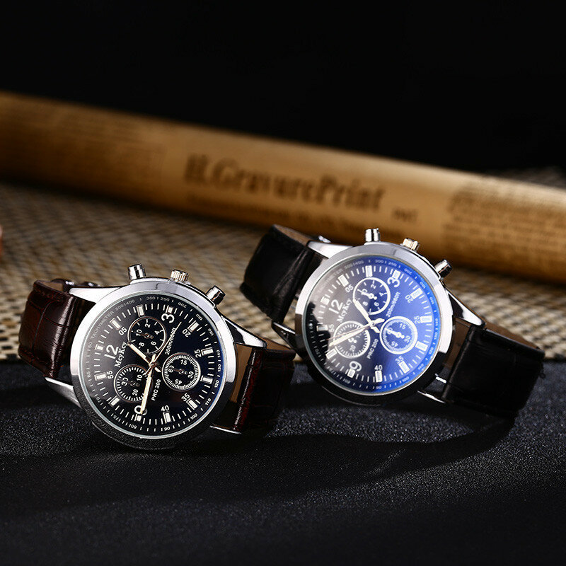 Jam tangan kuarsa pria, arloji mewah Fashion pria tali kulit jam tangan bisnis sederhana dan modis jam tangan pria kaca biru