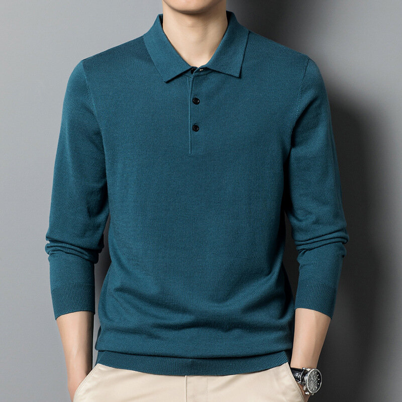 Suéter de lã de manga comprida masculino, versão coreana, lapela, encaixe justo, casual, monocromático, novo, A126, outono, inverno