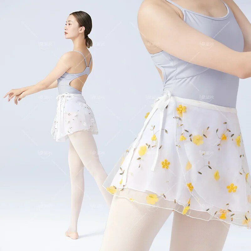 Falda bordada de Ballet para mujer, Mini bufanda envolvente Sexy de 2 capas, ropa de baile para Niñas Grandes, disfraz de actuación para clases de bailarina