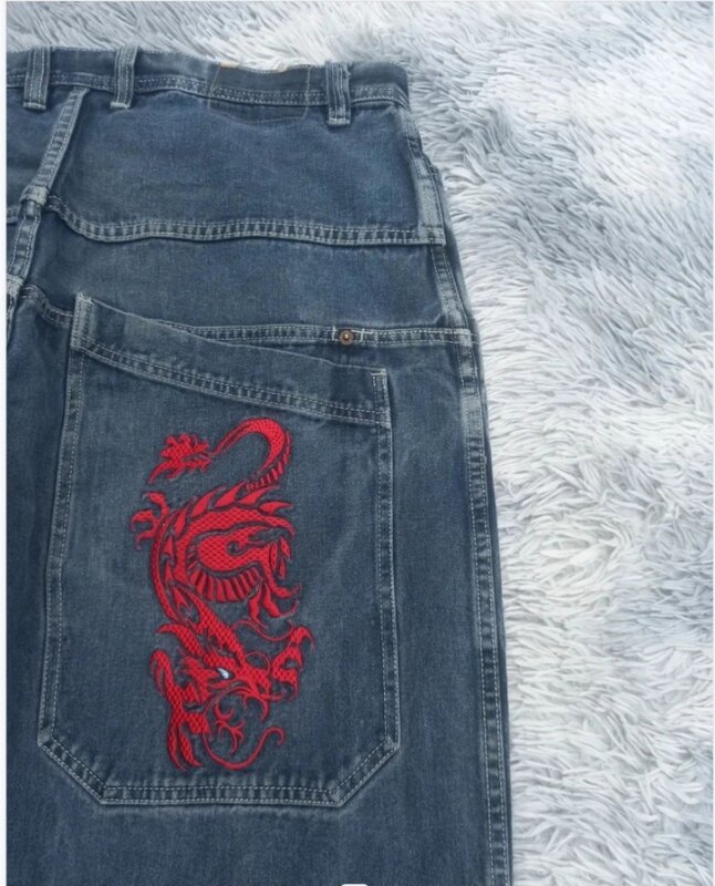 Jeans lavado dragão bordado com emenda de zíper, marca americana de moda de rua alta, nicho retrô, calças retas soltas