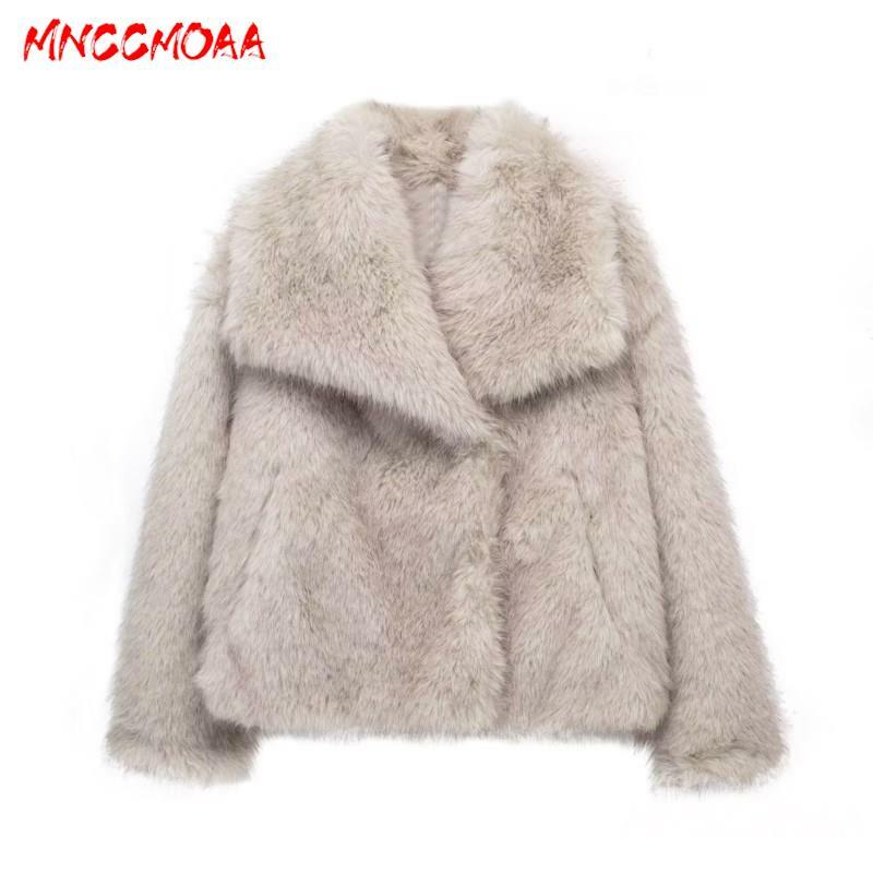MNCCMOAA 2024 겨울 여성 패션 루즈 따뜻한 인조 모피 짧은 재킷 코트, 여성 캐주얼 긴 소매 포켓 겉옷