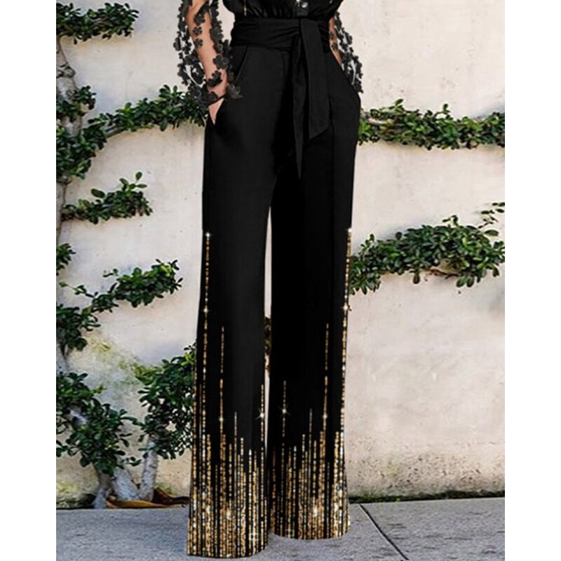 Women Fashion Glitter Sheer Mesh Lace Stitched Long Sleeve Belted Jumpsuit Femme Casual One Piece Elegant Autumn Party Clothing