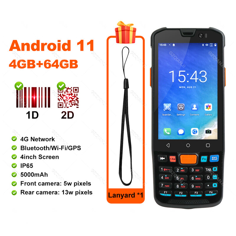4G + 64G Android 11 raccoglitore di dati terminale portatile con lettore di codici a barre Wifi 2D da 5000mAh IP65 4G PDA di rete per magazzino