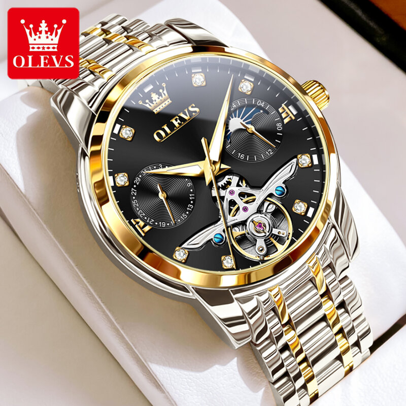 OLEVS-Bracelet de montre mécanique en acier inoxydable, cadran rond, cadeau de montre d'affaires, 6703