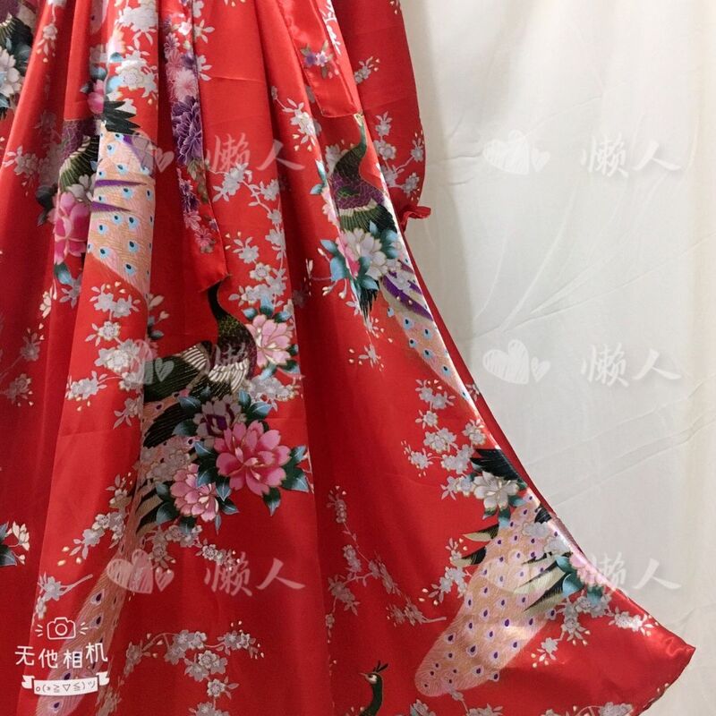 Pássaro lustroso feminino imprime vestido de cetim manga longa com faixa vestido Maxi solto, plus size robe de dormir