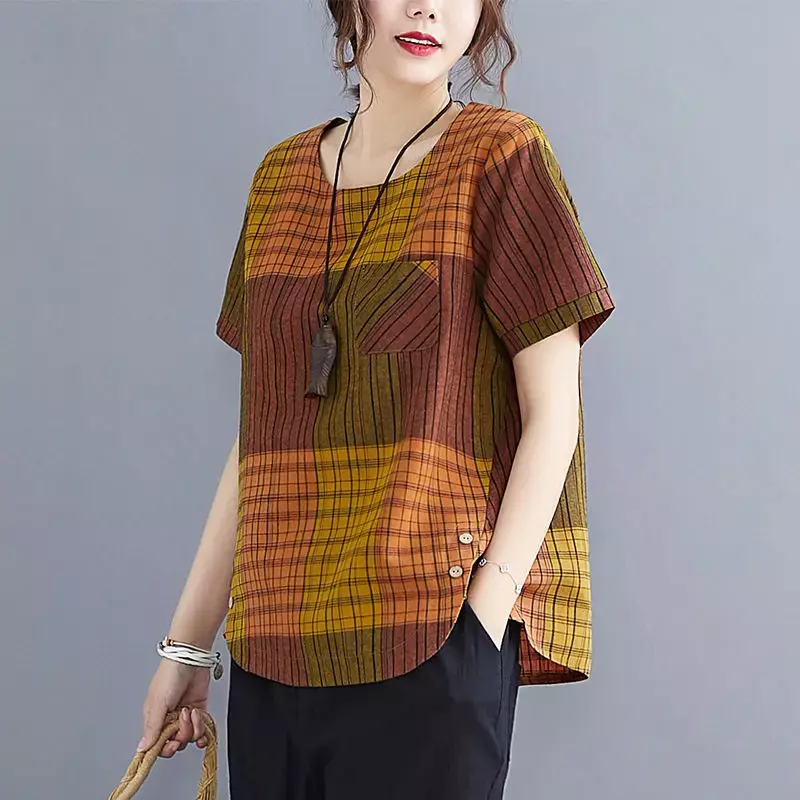 Summer New Female Vintage Plaid Printed T-shirt Casual Women's Clothing Fashion All-match Pockets Spliced Short Sleeve Tops