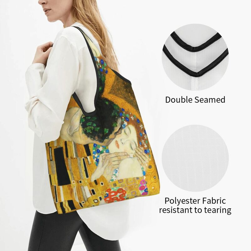 Klimt Kiss generi alimentari Shopping Tote Bag donna Cute Gustav Klimt fazas Art Shopper borsa a tracolla borsa di grande capacità