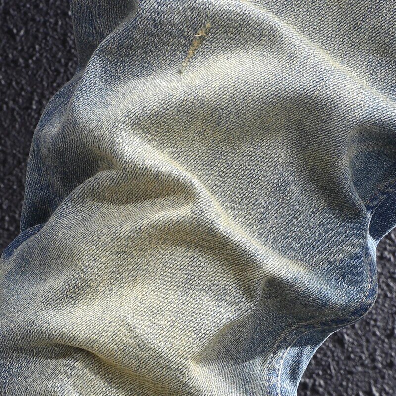 Modne męskie jeansy w stylu Vintage niebieskie w stylu Retro elastyczne rozciągliwe dopasowanie porwane jeansy męskie spodnie żółto sprana designerska spodnie dżinsowe Hombre