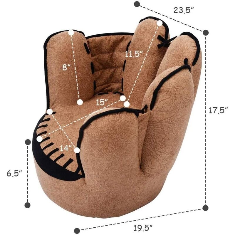 Sofa dla dzieci drewniany tapicerowany fotel dla malucha, fotel dla chłopców i dziewcząt w kształcie rękawice do baseballu, brązowy
