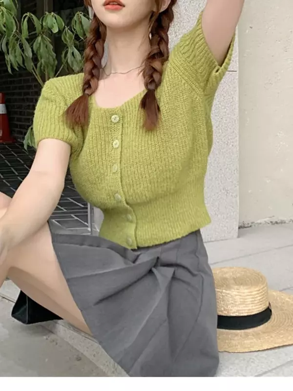 Zoete Korte Top Zomer Nieuwe Koreaanse Mode Design Effen Kleur Dames Vierkante Hals Gebreid Vest Met Korte Mouwen En Taille