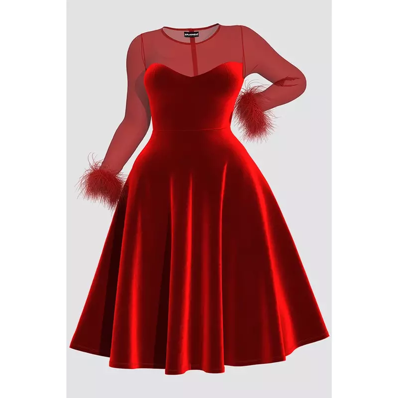 Plus Size Cocktail Party abiti Midi elegante rosso autunno inverno girocollo manica lunga vedere attraverso abiti Midi in velluto