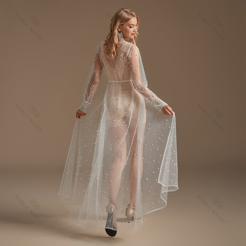 Pearl Wrist Long Sleeve Wedding Jacket Tulle Robe Party Shawl BOLERO Floor-Length Bridal Cape Sexy Pearsl Long Coat