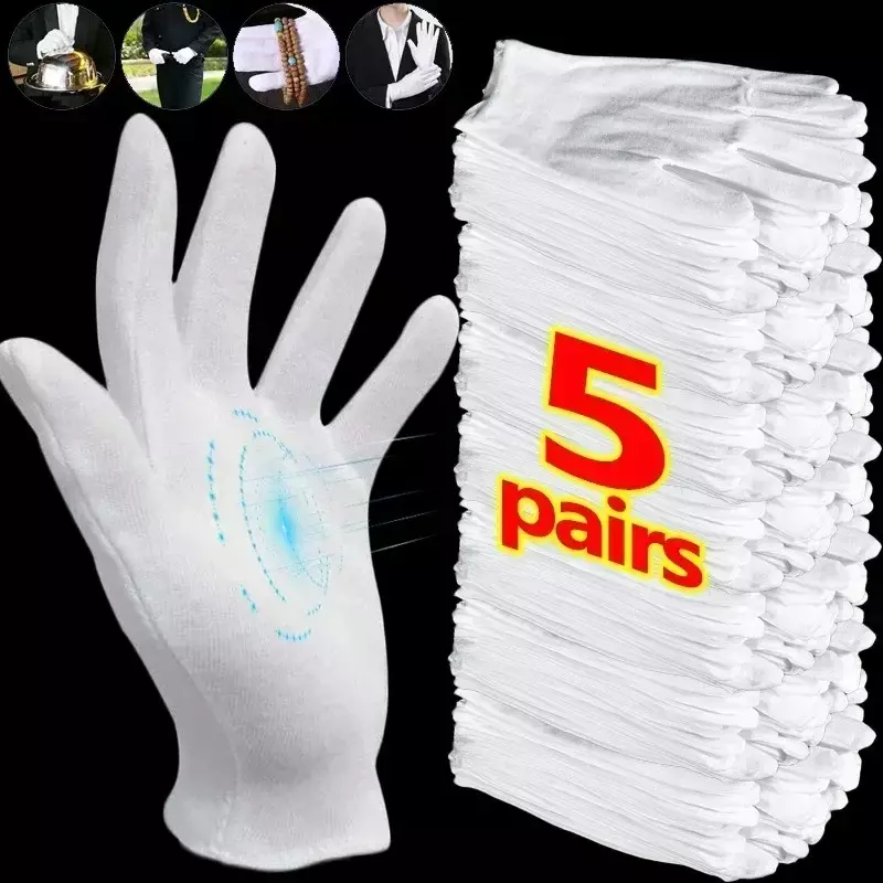 Белые хлопковые рабочие перчатки для сухих рук, 1/5 пар, перчатки для обработки пленки, спа, церемониальные высокоэластичные бытовые приспособления для уборки, варежки