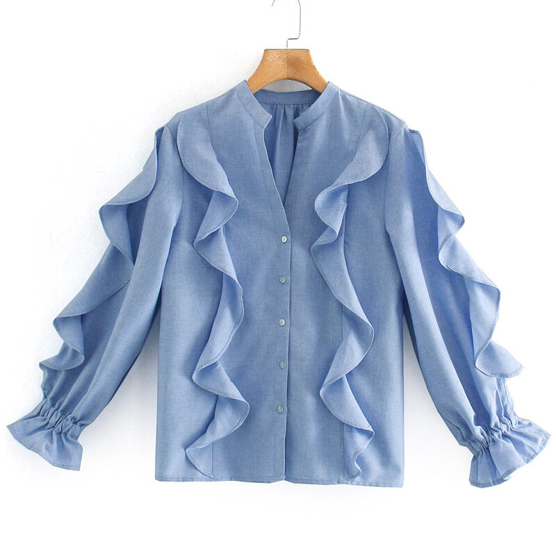 Blusa informal con cuello en V para mujer, camisa holgada con volantes en cascada, botones elegantes, manga larga, color azul