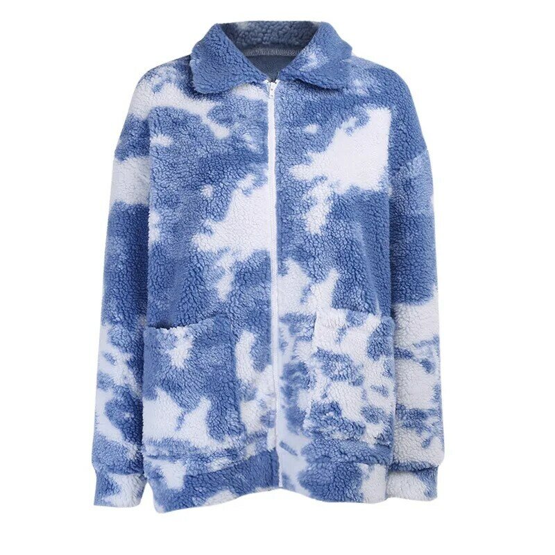 Donna inverno Streetwear peloso in pile caldo Cardigan donna soprabito cielo blu e nuvole bianche stampa cappotti di lana di agnello giacche Teddy