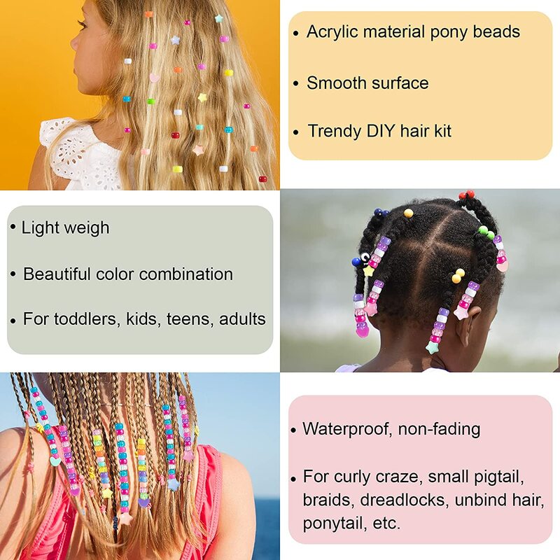 401Pcs/Bag Hair Beads Beading Kits for Kids Hair Acrylic Rainbow Beads Elastic Rubber Bands for Braid for Hair Accessories