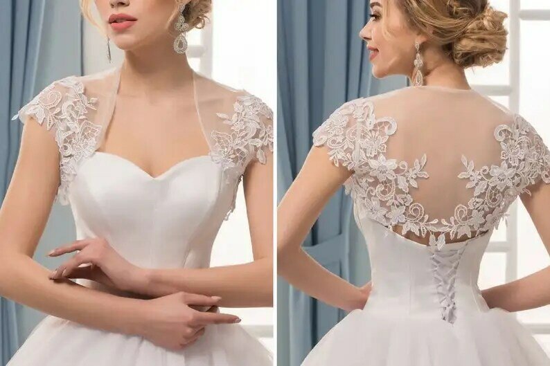 Cheap White Bridal Capes Short Cap Sleeve Women Shrugs Lace Wedding Coat Shawl Top Summer Bride Boleros Custom Made
