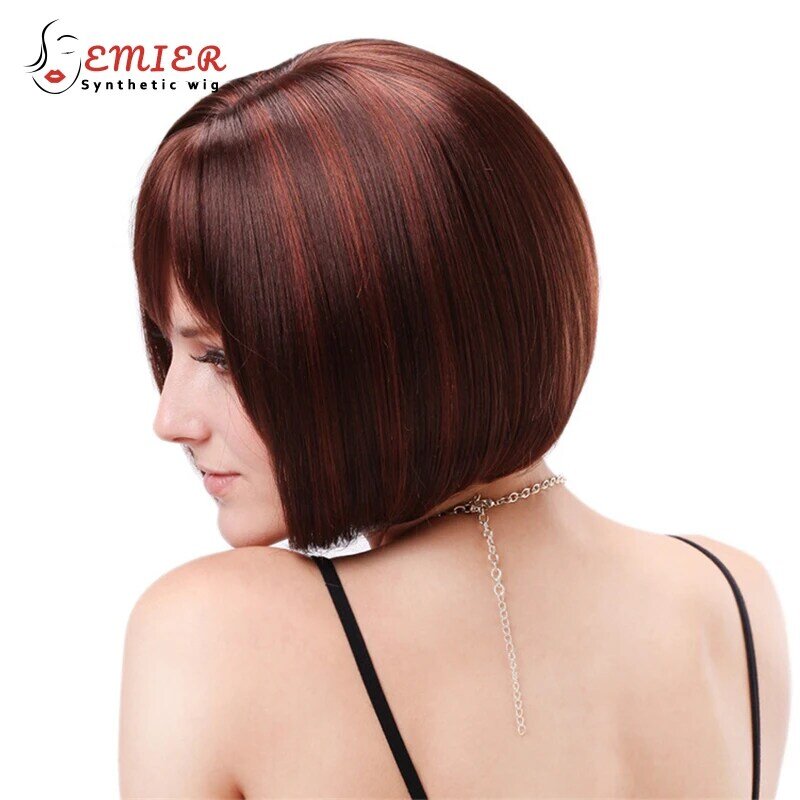 Burgundy Straight Short Bob Wig With Bang For Women Heat Resistant Red Fiber Synthetic Dark Wine Red Bangs Wigs For Cosplay