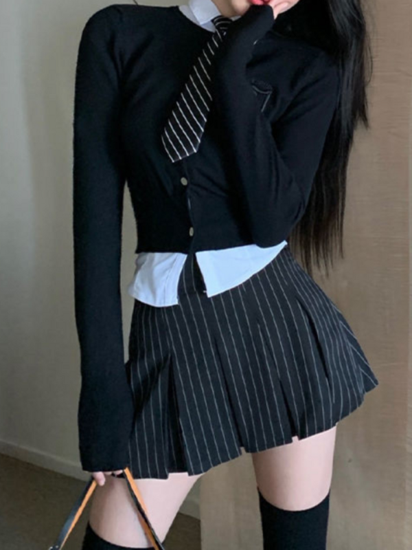 HOUZHOU 프레피 스타일 스트라이프 플리츠 스커트 여성용, 빈티지 섹시, 귀여운 한국 패션, 하이 웨이스트 A 라인 블랙 미니 스커트, Y2K 2000s