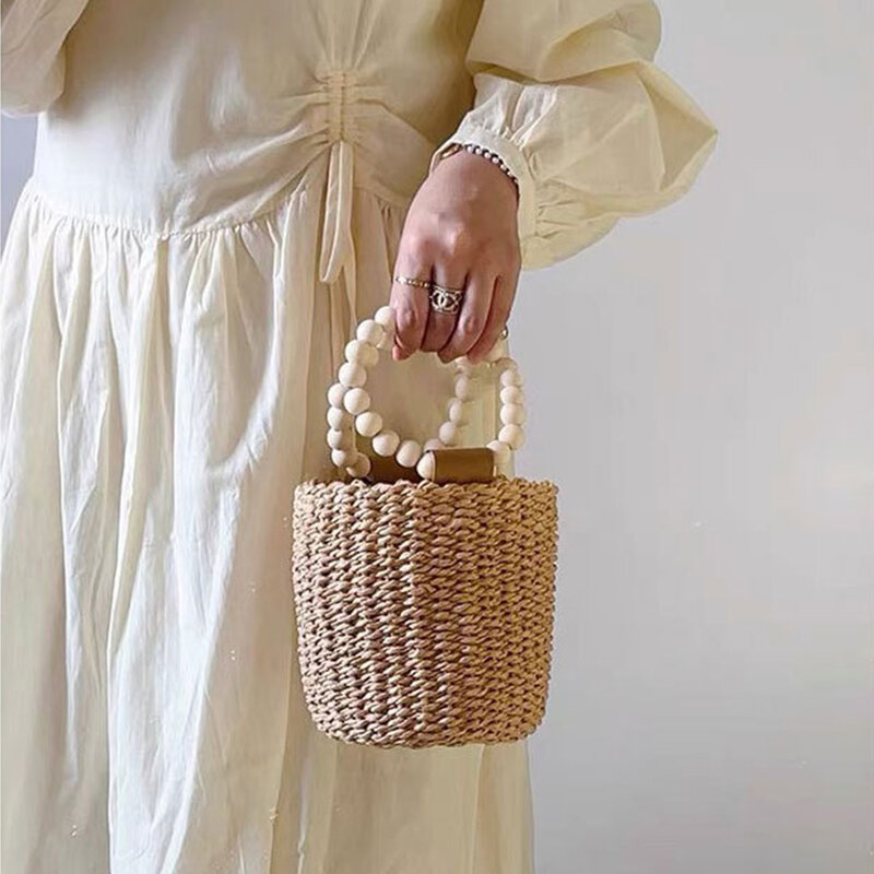 Mini Beaded Handle Bucket Bag Cute Paper Rope Handbag Travel Beach Bags for Woman Summer Woven Drawstring Straw Bag Clutch Chic