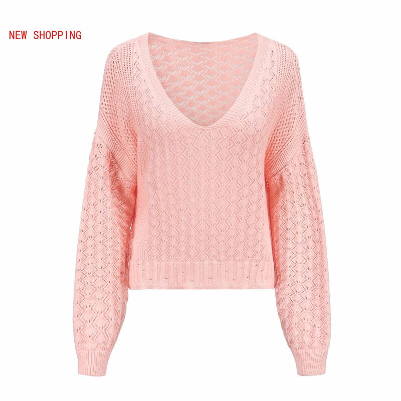 Damska 2023 wiosenna moda seksowna swetry z wycięciami jesienna dekolt w szpic luźny rękaw z lampionem w cienkim swobodny sweter jednolitym kolorze