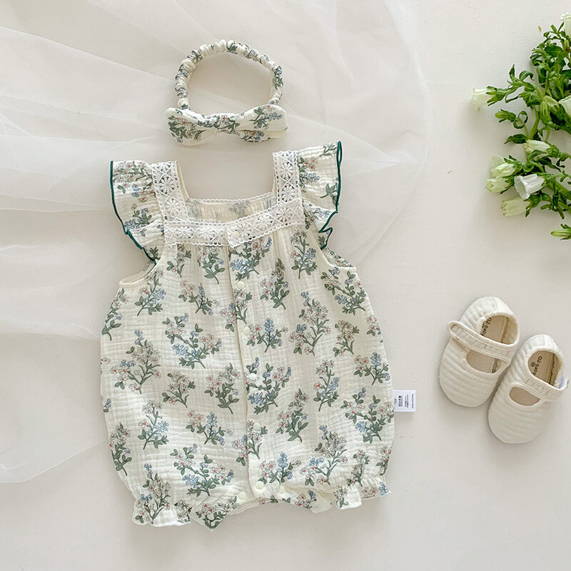 Milan cel New Summer Baby Stram pler einteiliges Kleinkind süßer grüner Blumen overall mit Haarband Baby Outwear Outfits