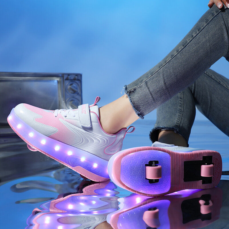 รองเท้าสเก็ตลูกกลิ้งไฟ LED สองล้อสำหรับเด็ก, เด็กหญิงเด็กชายสเก็ตบอร์ดสำหรับเล่นกีฬาเรืองแสงสเก็ตบอร์ดชาร์จ USB