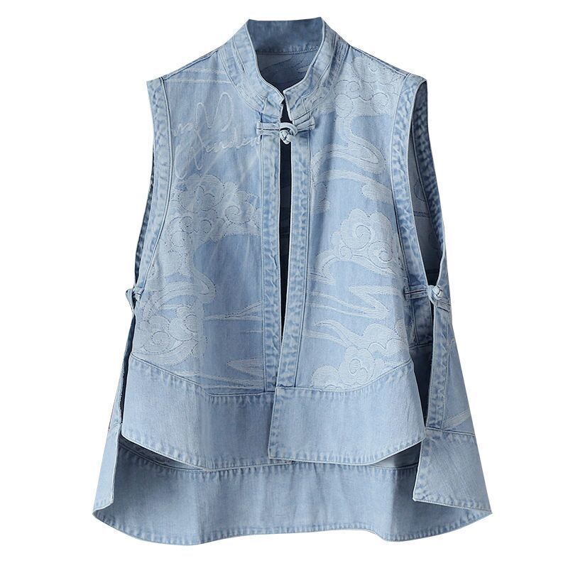 Chinese style Denim fabric qipao Vest women Daily fashion flower printing vest coats casual women loose tang suit vest 