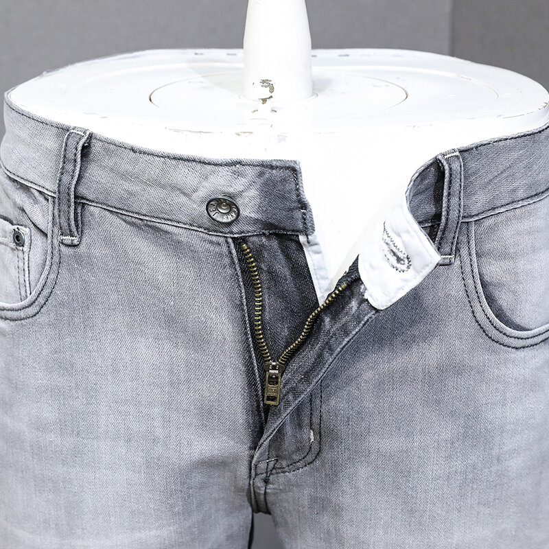 Pantalones vaqueros rasgados elásticos Retro para Hombre, Jeans de diseñador de moda, de alta calidad, color gris, Estilo Vintage, informales